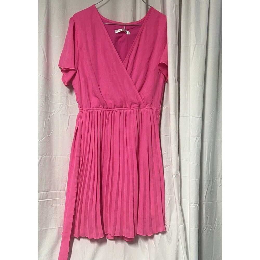 Womens Belted Dress BBX Lephsent Pleated Ruffle, Size M, Hot Pink